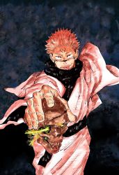 Rule 34 | 1boy, akutami gege, black background, cleaned, energy, extra eyes, facial mark, facial tattoo, fingernails, forehead tattoo, highres, japanese clothes, jujutsu kaisen, kimono, long sleeves, looking at viewer, official art, pink hair, red eyes, ryoumen sukuna (jujutsu kaisen), short hair, skull, solo, spiked hair, tattoo, tongue, tongue out, undercut, white kimono, wide sleeves