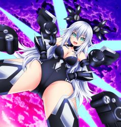Rule 34 | 10s, 1girl, :d, armpits, bare shoulders, black heart (neptunia), blue eyes, breasts, cleavage, cleavage cutout, clothing cutout, cloud, cowboy shot, crotch, dutch angle, elbow gloves, evening, flipped hair, floating, floating object, from below, gloves, glowing, glowing wings, green eyes, groin, hair between eyes, halterneck, happy, highres, hip focus, legs apart, long hair, looking at viewer, looking down, magical girl, neptune (series), noire (neptunia), oekakizuki, open mouth, outdoors, pov, pov crotch, power symbol, power symbol-shaped pupils, sky, smile, solo, sunset, symbol-shaped pupils, thighhighs, turtleneck, vambraces, very long hair, wavy hair, white hair, wings