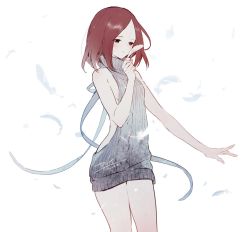Rule 34 | 1girl, arm at side, backless dress, backless outfit, blush, breasts, collarbone, drawstring, dress, feathers, grey sweater, haikyuu!!, halterneck, holding, holding feather, looking to the side, meme attire, naked sweater, red hair, shirofuku yukie, short hair, sideboob, small breasts, solo, sweater, sweater dress, turtleneck, turtleneck sweater, virgin killer sweater, yasai (getsu)