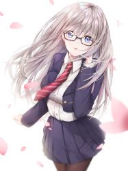 Rule 34 | 1girl, bad id, bad pixiv id, black-framed eyewear, black pantyhose, blazer, blue eyes, blue jacket, blue skirt, blurry, blurry foreground, breasts, buttons, cherry blossoms, collared shirt, commentary request, cowboy shot, cropped jacket, cuna (qunya), depth of field, diagonal-striped clothes, diagonal-striped necktie, floating hair, glasses, glint, hair between eyes, hand in own hair, hand on own head, hand up, head tilt, highres, impossible clothes, impossible shirt, jacket, light particles, long hair, long sleeves, looking at viewer, medium breasts, miniskirt, mole, mole under eye, necktie, open clothes, open jacket, original, pantyhose, parted lips, petals, pleated skirt, red necktie, school uniform, shirt, shirt tucked in, sidelocks, silver hair, simple background, skirt, solo, standing, striped clothes, striped necktie, striped neckwear, white background, white shirt, wing collar