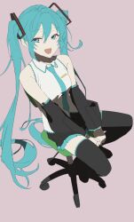 Rule 34 | 1girl, black skirt, black sleeves, black thighhighs, blue eyes, blue hair, blue necktie, commentary, detached sleeves, english commentary, hair between eyes, hatsune miku, highres, long hair, looking at viewer, mads ez, necktie, on stool, open mouth, pleated skirt, shirt, sidelocks, simple background, sitting, sketch, skirt, sleeveless, sleeveless shirt, solo, stool, thighhighs, twintails, very long hair, vocaloid, white background, white shirt