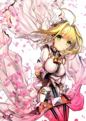 Rule 34 | 10s, 1girl, absurdres, ahoge, belt, blonde hair, breasts, buckle, cherry blossoms, cowboy shot, dress, fate/extra, fate/extra ccc, fate (series), green eyes, hair intakes, highres, large breasts, lock, long sleeves, nero claudius (bride) (fate), nero claudius (fate), nero claudius (fate) (all), petals, see-through, short hair, simple background, solo, standing, tareme, veil, wada arco, white background