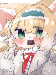 Rule 34 | 1girl, :3, animal ears, arknights, blonde hair, blue hairband, blush, cardigan, chocolate, commentary request, fox ears, fox girl, frilled hairband, frills, green eyes, grey cardigan, hairband, highres, long sleeves, mokoo rokoo, mouth hold, official alternate costume, red ribbon, ribbon, shirt, signature, solo, suzuran (arknights), suzuran (spring praise) (arknights), valentine, white shirt