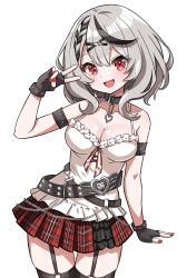 Rule 34 | 1girl, bare shoulders, breasts, cleavage, grey hair, hololive, minasoko1130, open mouth, red eyes, sakamata chloe, simple background, sleeveless, smile, solo, standing, virtual youtuber