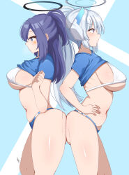 Rule 34 | 2girls, absurdres, ass, ass-to-ass, ass press, ass ripple, bare legs, bikini, bikini top only, blue archive, blue buruma, blue hair, blue shirt, blush, breasts, buruma, closed mouth, clothes lift, covered erect nipples, double vertical stripe, halo, highres, large breasts, long hair, mechanical halo, multiple girls, navel, noa (blue archive), ponytail, purple hair, shirt, shirt lift, short sleeves, sideboob, sidelocks, simple background, standing, star sticker, sticker on face, swimsuit, two side up, white bikini, yuuka (blue archive), zhyseven