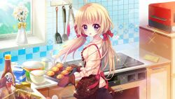 Rule 34 | 1girl, ahoge, apron, baking sheet, black skirt, blue eyes, bow, cabinet, cup, dot nose, film grain, flower, food, game cg, hair bow, itsumura haruka, izumi tsubasu, kitchen, ladle, lens flare, looking back, low twintails, microwave, mixing bowl, muffin, mug, non-web source, official art, open mouth, oven, oven mitts, plaid, plaid apron, re:stage!, red bow, shirt, skirt, solo, sparkle, spatula, stove, sweat, teeth, tile wall, tiles, tongs, towel, twintails, upper teeth only, vase, white flower, window, yellow shirt