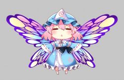 Rule 34 | 1girl, blue hat, blue kimono, butterfly wings, chibi, closed eyes, commentary request, frilled kimono, frills, full body, grey background, gundam, hair between eyes, hat, insect wings, japanese clothes, kapuchii, kimono, mob cap, obi, pink hair, ribbon-trimmed sleeves, ribbon trim, saigyouji yuyuko, sash, simple background, sleeves past fingers, sleeves past wrists, solo, touhou, triangle mouth, triangular headpiece, wings