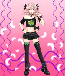 Rule 34 | 1boy, ;d, ankle boots, astolfo (fate), black bow, black choker, black footwear, black shirt, black skirt, black thighhighs, boots, bow, bracelet, braid, chain belt, choker, clothes writing, collarbone, combat boots, commentary request, contrapposto, crop top, cross, fang, fate/apocrypha, fate (series), feathers, full body, greek cross, green ribbon, hair between eyes, hair bow, hair intakes, hair over shoulder, hand on own hip, hand up, highres, jewelry, long hair, looking at viewer, male focus, miniskirt, multicolored hair, navel, off-shoulder shirt, off shoulder, one eye closed, open mouth, pendant, pink background, pink hair, pleated skirt, print shirt, purple eyes, ribbon, ribbon-trimmed legwear, ribbon trim, risvu, shirt, short sleeves, simple background, single braid, skirt, smile, solo, standing, stomach, streaked hair, studded bracelet, thighhighs, trap, two-tone hair, v, white hair, zettai ryouiki