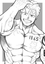 Rule 34 | 1boy, abs, andy (undead unluck), bara, greyscale, grin, highres, large pectorals, looking at viewer, male focus, monochrome, muscular, muscular male, navel, nipples, nude, pectorals, scar, short hair, smile, solo, stomach, tofuboyz, undead unluck, upper body, veiny pectorals