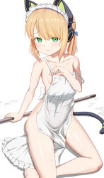 Rule 34 | 1girl, animal ear headphones, animal ears, apron, bare shoulders, blonde hair, blue archive, blush, breasts, cat ear headphones, fake animal ears, green eyes, headphones, highres, looking at viewer, maid headdress, mailixiang, midori (blue archive), midori (maid) (blue archive), naked apron, short hair, small breasts, solo, thighs