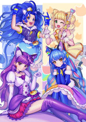 Rule 34 | 4girls, :d, ;d, animal ears, arm strap, blonde hair, blue eyes, blue gloves, blue hair, blue headwear, blue pantyhose, blue skirt, boots, cat ears, cat tail, choker, closed mouth, cure cosmo, cure gelato, cure macaron, cure sparkle, elbow gloves, fake animal ears, fur-trimmed gloves, fur trim, gloves, green eyes, hat, healin&#039; good precure, high heel boots, high heels, highres, kirakira precure a la mode, layered skirt, lion ears, looking at viewer, mini hat, miniskirt, multicolored clothes, multicolored hair, multicolored skirt, multiple girls, nyatoran (precure), one eye closed, open mouth, pantyhose, paw pose, pink hair, precure, purple choker, purple eyes, purple footwear, purple hair, purple skirt, red skirt, short sleeves, shrimp1634, sitting, skirt, smile, star twinkle precure, tail, thigh boots, white gloves, white skirt, yellow choker, yellow eyes