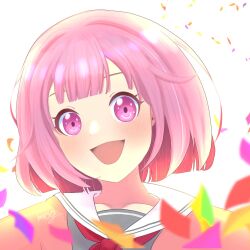 Rule 34 | 1girl, blunt bangs, closed mouth, confetti, dot nose, happy, highres, looking at viewer, medium hair, mogmogyu59, ootori emu, open mouth, pink eyes, project sekai, school uniform, simple background, smile, solo, upper body, white background