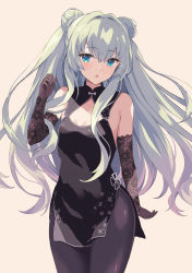 Rule 34 | 1girl, :o, bare shoulders, black dress, black gloves, black pantyhose, blue eyes, breasts, china dress, chinese clothes, cleavage, cleavage cutout, clothing cutout, commentary request, double bun, dress, elbow gloves, gloves, green hair, hair bun, highres, long hair, looking at viewer, medium breasts, orange background, original, pantyhose, rasahan, revision, simple background, solo
