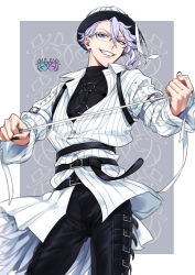 Rule 34 | 1boy, azul ashengrotto, belt, black pants, blue eyes, glasses, grey background, grin, hat, highres, imra (punky jam), long sleeves, looking at viewer, male focus, nail polish, o-ring, pants, purple hair, shirt, smile, solo, standing, twisted wonderland, white hat, white shirt