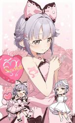 Rule 34 | 1girl, :3, ;d, absurdres, balloon, blush, bow, character name, chibi, chibi inset, commentary request, dress, floral background, hair bow, half updo, hand on own hip, heart balloon, highres, idolmaster, idolmaster cinderella girls, koshimizu sachiko, looking at viewer, multiple views, one eye closed, open mouth, pink dress, purple hair, smile, strapless, strapless dress, yukie (kusaka shi)