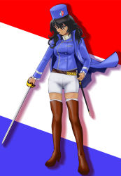 Rule 34 | 10s, 1girl, bc freedom (emblem), belt, bike shorts, black footwear, black hair, blouse, blue coat, blue hat, blue shirt, boots, closed mouth, coat, dark-skinned female, dark skin, emblem, flag background, french flag, frown, full body, girls und panzer, green eyes, hair between eyes, hat, highres, holding, holding weapon, long hair, long sleeves, looking at viewer, panties under bike shorts, scabbard, shadow, sheath, shirt, shorts, solo, standing, thigh boots, thighhighs, uniform, weapon, white shorts, yoyokkun