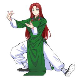 1girl absurdres china_dress chinese_clothes dress fighting_stance green_dress highres hong_meiling kokoro_no_koibito kung_fu martial_arts monk panties red_hair touhou training underwear white_panties