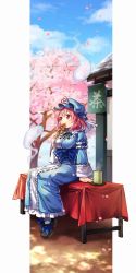 Rule 34 | 1girl, belt, black bow, black bowtie, black footwear, blue belt, blue bow, blue dress, blue hat, blue kimono, blue sky, blush, border, bow, bowtie, breasts, cherry blossoms, closed mouth, collared dress, cup, dango, dress, drink, eating, food, footwear bow, frilled kimono, frills, ghost, grey socks, hair between eyes, hand up, hat, hitodama, japanese clothes, juliet sleeves, kapuchii, kimono, large breasts, long sleeves, looking to the side, mob cap, outdoors, outside border, petals, pink hair, plate, puffy sleeves, red eyes, saigyouji yuyuko, shadow, shoes, short hair, sitting, sky, socks, solo, steam, table, touhou, tree, triangular headpiece, wagashi, white border, wide sleeves, yunomi