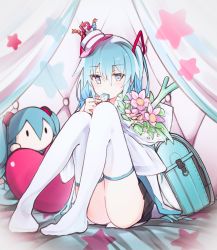 Rule 34 | 1girl, absurdly long hair, anniversary, aqua eyes, aqua hair, artist name, artist request, backpack, bad id, bad pixiv id, bag, black skirt, blue eyes, blue hair, buttons, cake, character doll, cookie, eating, female focus, flower, food, full body, hair between eyes, hat, hatsune miku, heart, heart-shaped pillow, highres, holding, holding cookie, holding food, long hair, mini hat, pillow, skirt, solo, spring onion, star (symbol), thighhighs, twintails, unworn backpack, unworn bag, very long hair, vocaloid, white thighhighs