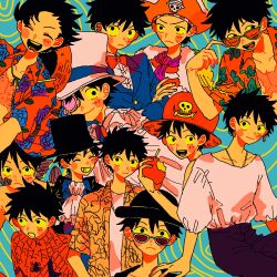 Rule 34 | costume, earrings, floral print, hat, highres, jewelry, maeda (crast 1), monkey d. luffy, monocle, multiple views, one piece, pirate hat, shirt, straw hat, sunglasses, top hat