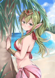 Rule 34 | 1girl, beach, bikini, blue sky, blush, breasts, butt crack, closed mouth, cloud, day, fire emblem, fire emblem: mystery of the emblem, fire emblem awakening, fire emblem heroes, from side, green eyes, green hair, hair between eyes, high ponytail, jiino, long hair, looking at viewer, looking to the side, medium breasts, nintendo, ocean, outdoors, palm tree, pink sarong, pointy ears, ponytail, red bikini, sarong, sideboob, sky, solo, standing, swimsuit, tiara, tiki (adult) (fire emblem), tiki (adult) (summer) (fire emblem), tiki (fire emblem), tree, water