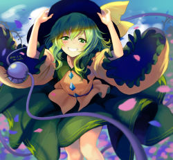 Rule 34 | 1girl, artist name, black hat, blouse, blurry, blurry background, blurry foreground, blush, bow, breasts, bush, cockadooodledoo, collarbone, dated, day, depth of field, falling petals, feet out of frame, frilled shirt collar, frills, green eyes, green hair, green skirt, grin, hair between eyes, hands on headwear, hands up, hat, hat bow, highres, knees together feet apart, komeiji koishi, long hair, looking at viewer, outdoors, petals, plant, shirt, skirt, sky, small breasts, smile, solo, standing, touhou, vines, wide sleeves, wind, wind lift, yellow bow, yellow shirt