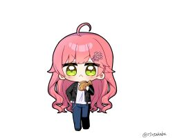 Rule 34 | 0725akaba, 1girl, :&lt;, ahoge, black footwear, black jacket, blue pants, blush, closed mouth, commentary request, food, full body, green eyes, hair ornament, hairclip, hand on own hip, hand up, highres, holding, holding food, hololive, jacket, long hair, long sleeves, looking at viewer, open clothes, open jacket, pants, pink hair, sakura miko, shirt, shoes, simple background, sleeves past wrists, solo, standing, taiyaki, twitter username, v-shaped eyebrows, very long hair, virtual youtuber, wagashi, white background, white shirt