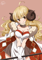 Rule 34 | 10s, 1girl, 2017, :q, ahoge, anila (granblue fantasy), blonde hair, blush, breasts, brown eyes, brown skirt, cape, cleavage, dated, gloves, granblue fantasy, highres, horns, long hair, medium breasts, pink background, ragho no erika, sheep horns, simple background, skirt, solo, staff, tongue, tongue out, white gloves