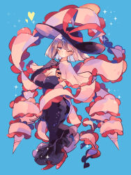 Rule 34 | 1girl, black hat, black skirt, blue background, breasts, capelet, cleavage, drill, full body, hat, hat ribbon, heart, highres, large breasts, looking at viewer, nagae iku, one eye closed, purple eyes, ratto (mobilis 1870), red footwear, red ribbon, ribbon, short hair, simple background, skirt, solo, star (symbol), touhou