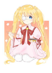 Rule 34 | 1girl, absurdres, autumn, blonde hair, blush, can, canned food, chopsticks, closed mouth, commentary, dress, eyepatch, food, frilled dress, frilled sleeves, frills, full body, hair between eyes, hands up, happy, highres, holding, holding chopsticks, holding food, juliet sleeves, kazamatsuri institute high school uniform, leaf print, long hair, long sleeves, looking at viewer, maple leaf print, nakatsu shizuru, one eye covered, orange background, pantyhose, pink dress, puffy sleeves, red ribbon, rewrite, ribbon, ribbon-trimmed sleeves, ribbon trim, sakura aki, school uniform, seiza, simple background, sitting, smile, solo, straight-on, twintails, very long hair, white background, white pantyhose, wide sleeves
