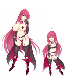 Rule 34 | ahoge, bikini, black gloves, black legwear, boots, breasts, dual persona, elbow gloves, gloves, large breasts, long hair, looking at viewer, original, pink hair, red bikini, red eyes, revealing clothes, rough (riferio), simple background, skindentation, skull, small breasts, smile, swimsuit, thighhighs, thighs, very long hair, white background