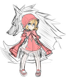 Rule 34 | 1girl, big bad wolf, blonde hair, blue eyes, bow, cape, dress, grimm&#039;s fairy tales, highres, hood, little red riding hood, little red riding hood (grimm), long hair, maniacpaint, mary janes, pantyhose, pigeon-toed, shoes, sketch, smile, solo focus, wolf