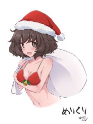 Rule 34 | 1girl, akiyama yukari, artist name, bad id, bad twitter id, bell, bikini, blush, breasts, brown eyes, brown hair, christmas, commentary request, cropped torso, girls und panzer, hazuki haru, highres, holding, holding sack, holly, looking at viewer, medium breasts, merry christmas, messy hair, navel, open mouth, over shoulder, partial commentary, red bikini, sack, santa bikini, short hair, signature, simple background, smile, solo, swimsuit, translated, upper body, white background