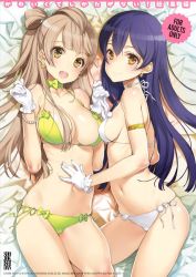 Rule 34 | 10s, 2girls, :d, artist name, bad id, bad twitter id, bare shoulders, bikini, blue hair, breasts, brown eyes, brown hair, circle name, content rating, dated, gloves, green bikini, hand on another&#039;s stomach, inactive account, love live!, love live! school idol project, medium breasts, minami kotori, multiple girls, navel, ooyari ashito, open mouth, pom pom (clothes), side-tie bikini bottom, smile, sonoda umi, swimsuit, white bikini, white gloves, yellow eyes