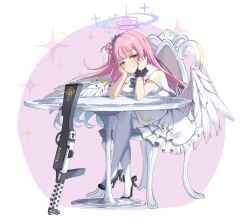 Rule 34 | 1girl, absurdres, black footwear, blue archive, blush, capelet, closed mouth, commentary request, dress, feathered wings, full body, gun, hair bun, halo, hands up, head rest, high heels, highres, leglus, long hair, looking at viewer, low wings, mika (blue archive), on chair, pantyhose, pink hair, pink halo, rifle, scrunchie, single side bun, sitting, smile, solo, sparkle, table, weapon, white capelet, white dress, white pantyhose, white wings, wings, wrist scrunchie, yellow eyes