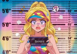 Rule 34 | 1990s (style), 1girl, ?, artist name, barbie (character), barbie (franchise), barbie (live action), barbie mugshot (meme), bare shoulders, blonde hair, blue dress, blue eyes, blue hat, blush, breasts, character name, collarbone, dress, earrings, eyelashes, hanavbara, hands up, hat, holding, holding sign, jewelry, long hair, looking at viewer, medium breasts, meme, mugshot, multicolored clothes, multicolored dress, multicolored hat, open mouth, orange hat, pink dress, pink hat, ponytail, purple dress, purple hat, red dress, retro artstyle, sidelocks, sign, sleeveless, sleeveless dress, solo, speech bubble, standing, sweatdrop, tongue, wall, yellow dress, yellow hat