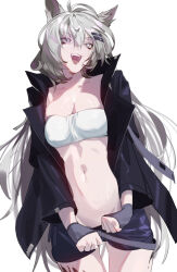 Rule 34 | 1girl, animal ears, antenna hair, arknights, bandeau, black jacket, black shorts, breasts, cleavage, clenched hands, cowboy shot, fingerless gloves, gloves, grey eyes, grey gloves, grey hair, hair ornament, hairclip, highres, jacket, lappland (arknights), long hair, long sleeves, material growth, midriff, navel, open clothes, open jacket, open mouth, oripathy lesion (arknights), raneblu, short shorts, shorts, simple background, small breasts, smile, solo, standing, white background