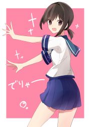 Rule 34 | 1girl, :d, a.a (aa772), blue ribbon, blue sailor collar, blue skirt, blush, brown eyes, brown hair, commentary request, fubuki (kancolle), highres, kantai collection, looking at viewer, looking to the side, low ponytail, neck ribbon, open mouth, outstretched arms, pink background, pleated skirt, ponytail, ribbon, sailor collar, shirt, short sleeves, sidelocks, skirt, smile, solo, translation request, two-tone background, white background, white shirt