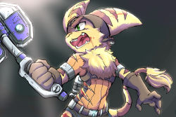 Rule 34 | animal, animal ears, blood, blood on face, creature, fluffy, furry, furry male, game console, gloves, green eyes, hurt, open mouth, pants, pojinegaio, ratchet &amp; clank, ratchet (ratchet &amp; clank), sony, striped, striped fur, wrench