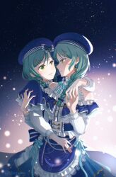 Rule 34 | 2girls, aqua hair, bang dream!, blue bow, blue dress, blue headwear, blue ribbon, bow, braid, commission, dress, earrings, frilled dress, frills, green eyes, hair ornament, hairclip, hand grab, hand on another&#039;s hip, highres, hikawa hina, hikawa sayo, imminent kiss, incest, jewelry, light rays, long hair, looking at another, multiple girls, naughty face, pixiv commission, ribbon, siblings, signature, sisters, star (symbol), starry background, twin braids, twincest, twins, white bow, xin (blueramen), yuri