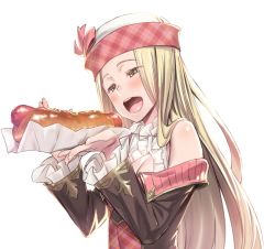 Rule 34 | 10s, 1girl, bare shoulders, black neckwear, blonde hair, blush, breasts, brown eyes, center frills, cleavage, cleavage cutout, clothing cutout, diola (granblue fantasy), food, frills, granblue fantasy, h kasei, hat, hot dog, long hair, necktie, sausage, sexually suggestive, simple background, solo focus, white background