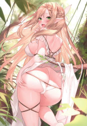 Rule 34 | 1girl, ass, ass cutout, bare shoulders, barefoot, blonde hair, blurry, blush, braid, branch, breasts, butt crack, clothes lift, clothing cutout, depth of field, dress, dress lift, elf, embarrassed, green eyes, hair ornament, hand on own ass, hand up, highres, large breasts, long hair, looking at viewer, looking back, non-web source, off shoulder, open mouth, original, outdoors, panties, pointy ears, scan, sideboob, sleeveless, solo, sora 72-iro, tears, thighs, underwear, white dress, white panties