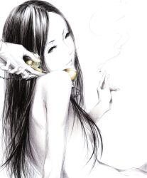 Rule 34 | 1girl, black hair, breasts, cigarette, corded phone, eyelashes, face, hair over breasts, head tilt, highres, large breasts, lips, long hair, nude, phone, simple background, smile, smoke, smoking, sousou (sousouworks), straight hair, talking on phone, white background