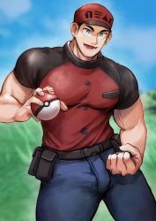 Rule 34 | 1boy, bag, bara, belt, blue eyes, blurry, blurry background, clenched hand, cloud, cloudy sky, courier (pokemon), creatures (company), denim, game freak, grass, hat, highres, jeans, looking at viewer, male focus, manly, mature male, meiji1780, muscular, muscular male, nintendo, outdoors, pants, pectorals, poke ball, pokemon, pokemon sv, shirt, sky, smile, solo, teeth, thick arms, thick eyebrows, thick thighs, thighs, tight clothes, tongue, veins, veiny arms