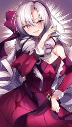 Rule 34 | 1girl, :d, bare shoulders, blush, bow, breasts, cleavage, commentary request, detached sleeves, dress, drill hair, grey hair, hair between eyes, hair bow, hairband, hand on own hip, hand up, head tilt, hyakumantenbara salome, hyakumantenbara salome (1st costume), juliet sleeves, large breasts, long hair, long sleeves, looking at viewer, nenobi (nenorium), nijisanji, ojou-sama pose, open mouth, parted bangs, puffy sleeves, purple eyes, red bow, red dress, red hairband, red sleeves, smile, solo, very long hair, virtual youtuber