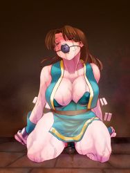 Rule 34 | 1girl, anamochi, aqua gloves, ball gag, bare shoulders, bdsm, bondage, bound, breasts, brown background, brown hair, cleavage, collarbone, covered erect nipples, crying, cuffs, drooling, fatal fury, female focus, full body, gag, gagged, gloves, highres, indoors, japanese clothes, kneeling, large breasts, long hair, open mouth, peeing, peeing self, pelvic curtain, puddle, revealing clothes, saliva, sash, shackles, shiranui mai, sitting, solo, steam, sweat, tears, teeth, thick thighs, thighs, wet, wet clothes