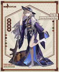 Rule 34 | 1girl, adjusting hair, animal print, assault rifle, bird print, black hat, black sash, blue eyes, brown hair, character name, commentary, copyright name, english commentary, fingernails, floral print, floral print kimono, full body, fx-05 (girls&#039; frontline), fx-05 (journey among the stars) (girls&#039; frontline), fx-05 xiuhcoatl, girls&#039; frontline, gun, hat, highres, holding, holding clothes, holding footwear, japanese clothes, kimono, long hair, long sleeves, looking at viewer, miyazakisoul, obi, official alternate costume, official art, okobo, pink nails, print headwear, purple kimono, rifle, sandals, sash, second-party source, shadow, shawl, smile, socks, solo, standing, standing on one leg, suitcase, tabi, two-sided fabric, very long hair, weapon, white shawl, white socks, wide brim, wide sleeves