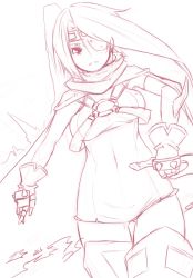 Rule 34 | 1girl, cape, dagger, elbow gloves, eyepatch, frown, gloves, gluteal fold, holding, holding dagger, holding knife, holding weapon, johnny funamushi, kanon (wild arms 2), knife, long hair, monochrome, prosthesis, single elbow glove, skirt, solo, thighhighs, weapon, wild arms, wild arms 2
