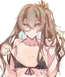 Rule 34 | 1girl, absurdres, areola slip, bad id, bad twitter id, bikini, bikini pull, black bikini, blue hair, blush, breasts, brown hair, character request, closed mouth, clothes pull, colored inner hair, crossed bangs, e sky rugo, front-tie bikini top, front-tie top, girls&#039; frontline, hair between eyes, hands in hair, highres, looking at viewer, multicolored hair, one side up, orange eyes, pulled by self, sanpaku, scar, scar across eye, scar on face, simple background, sketch, small breasts, solo, swimsuit, two-tone hair, upper body, white background