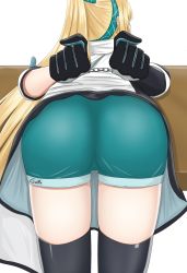 Rule 34 | 1girl, artist name, ass, blonde hair, from behind, gamryous, girls&#039; frontline, gloves, hair ribbon, hands behind, highres, huge ass, leaning, leaning forward, long hair, looking away, ponytail, ribbon, shiny clothes, shiny skin, short shorts, shorts, solo, sv-98 (girls&#039; frontline), thighhighs, very long hair, waist cape